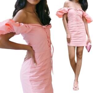 Kai Collective Babita Dress Puff Sleeve Lacing Neckline Mini Pink NEW Womens XXL